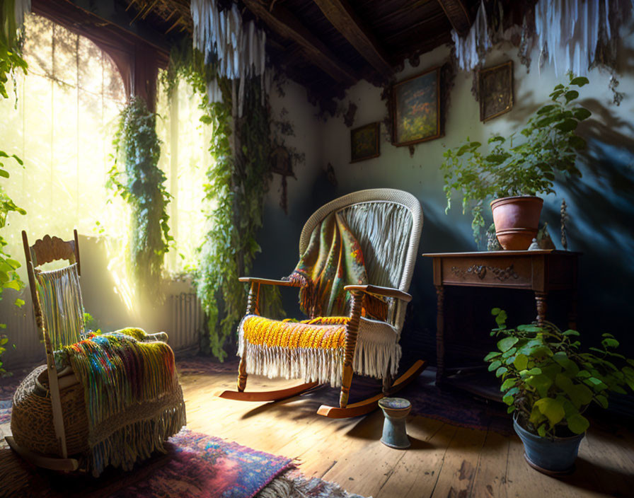 Warm Cozy Room with Wooden Armchair, Colorful Blanket, Sunlight, Plants, and