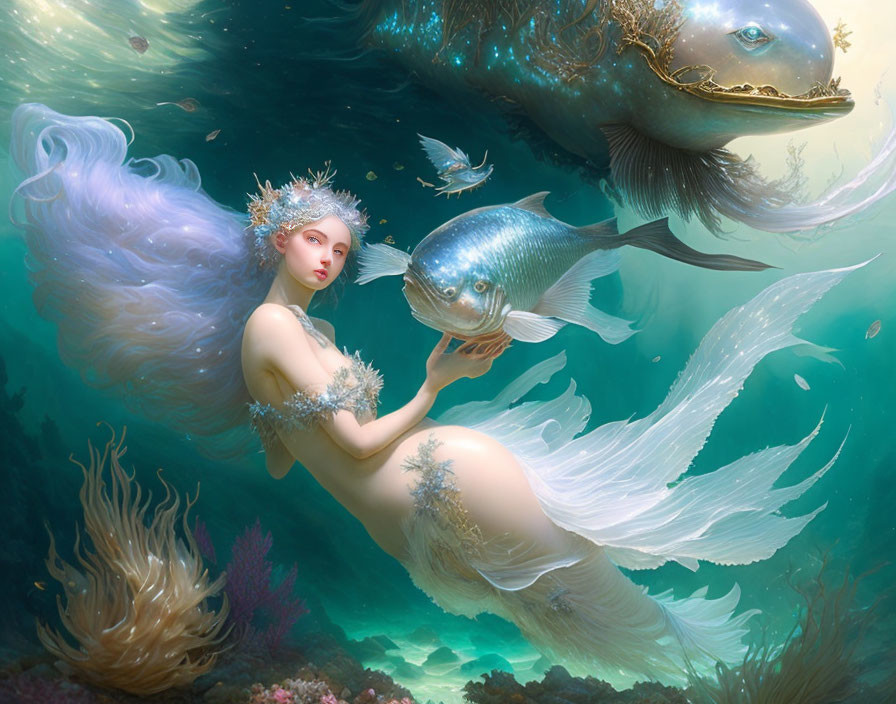 Surreal underwater scene with mermaid, whale, and vibrant sea flora