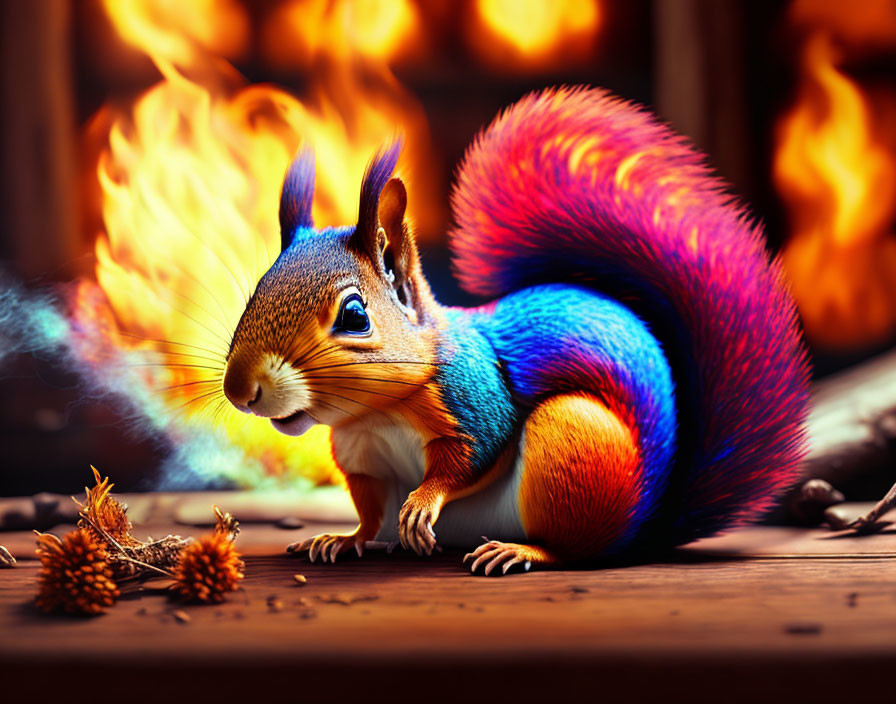 Colorful squirrel with red and blue tail on wooden surface with blurred flames