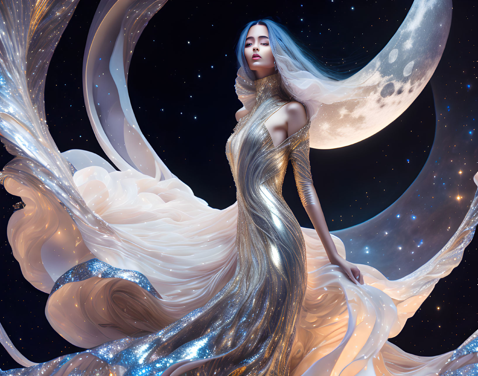 Celestial-themed woman in glittery garments under cosmic night sky