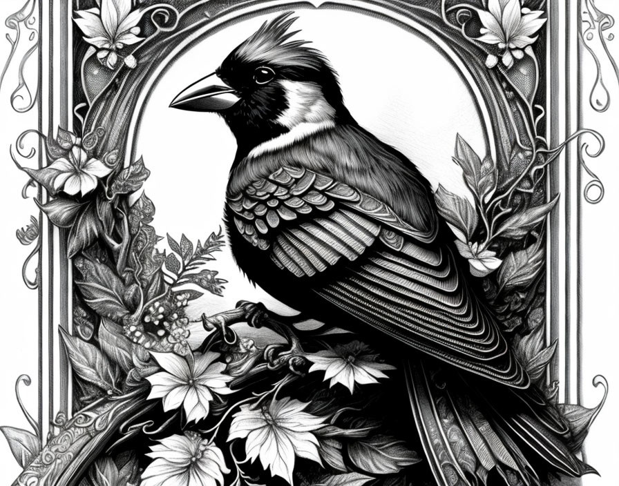 Detailed Monochromatic Bird Illustration Among Floral Motifs in Decorative Frame