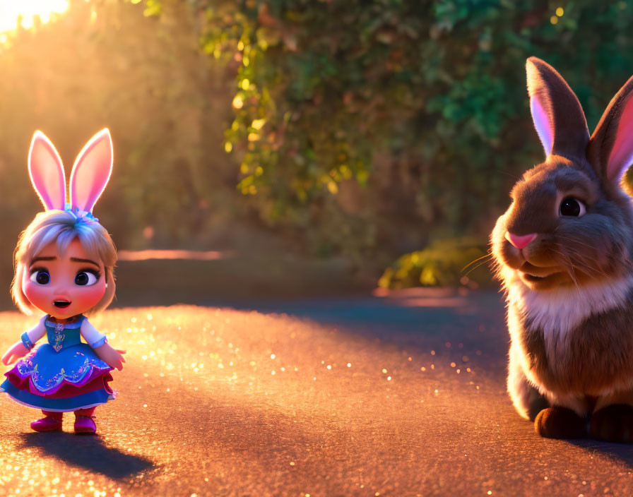 Animated girl with bunny ears beside realistic rabbit on sunlit path.