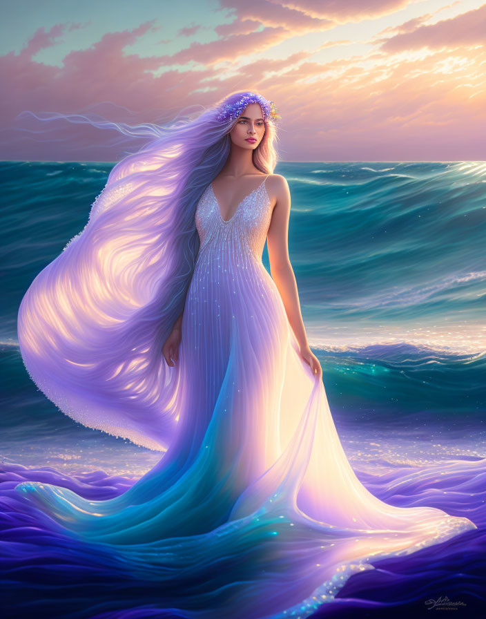 Woman with flowing hair in gown by sea at sunset with luminescent tones