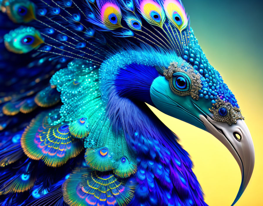 Colorful Peacock with Radiant Blue and Green Plumage on Yellow Background