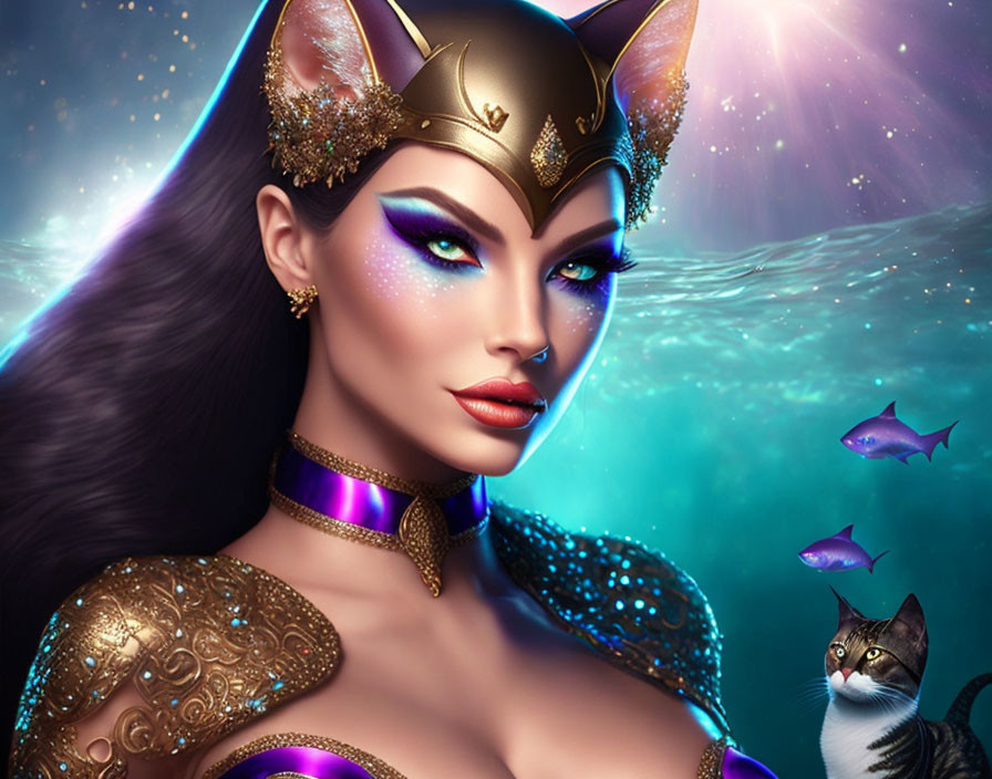 Digital artwork featuring woman in golden armor with cosmic background and surreal elements.