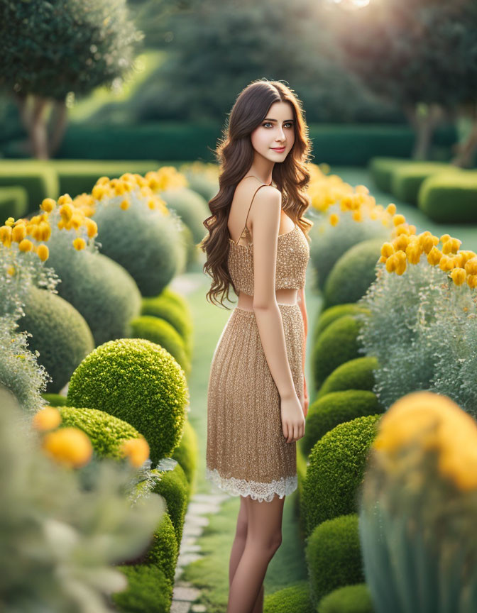 Woman in beige dress surrounded by lush garden with green bushes and yellow flowers