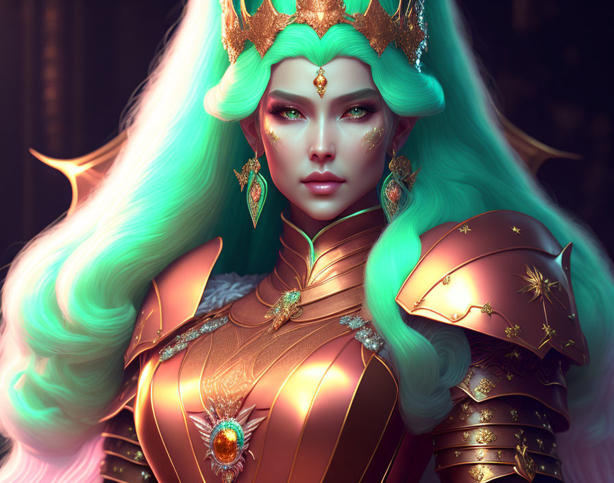 Fantastical female character with green skin, teal hair, golden crown, and ornate armor