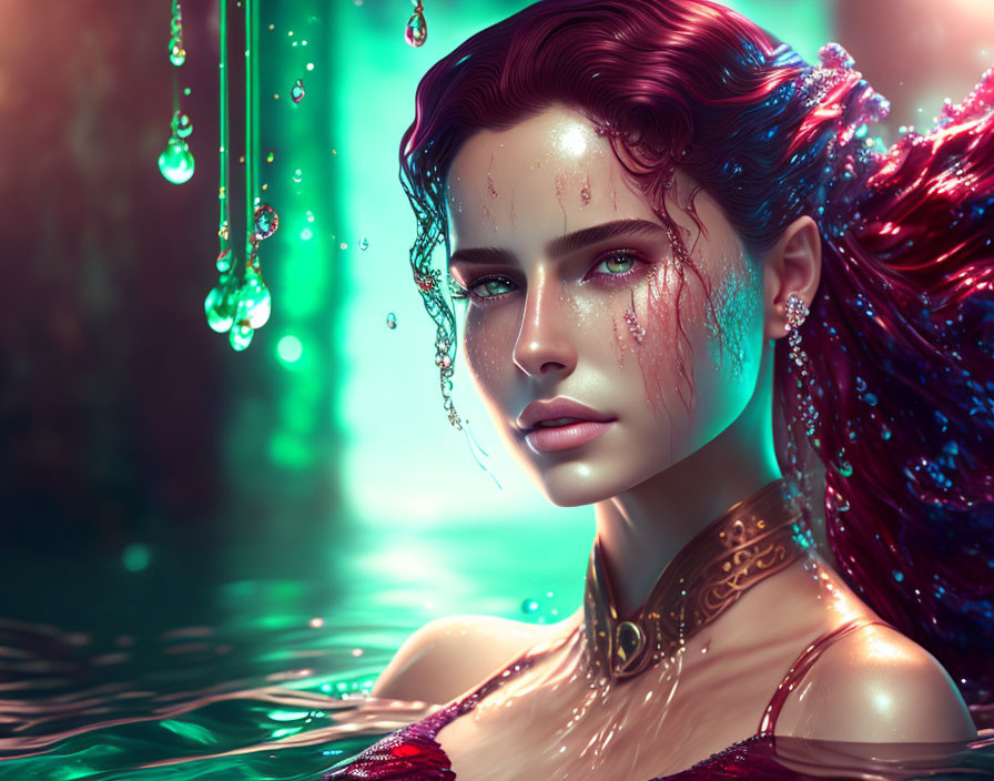 Digital artwork: Woman with red hair and glowing skin in gold adornments, surrounded by water droplets