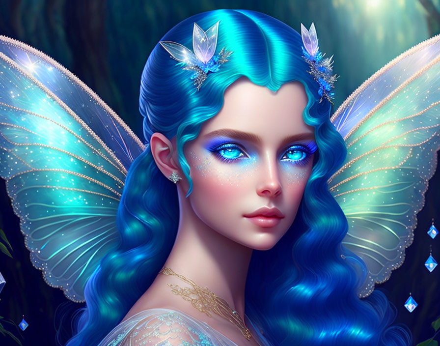 Fantasy creature with blue hair, wings, crystal accessories in mystical forest