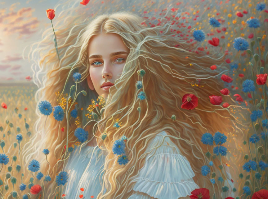 Blonde woman surrounded by red and blue flowers at sunset