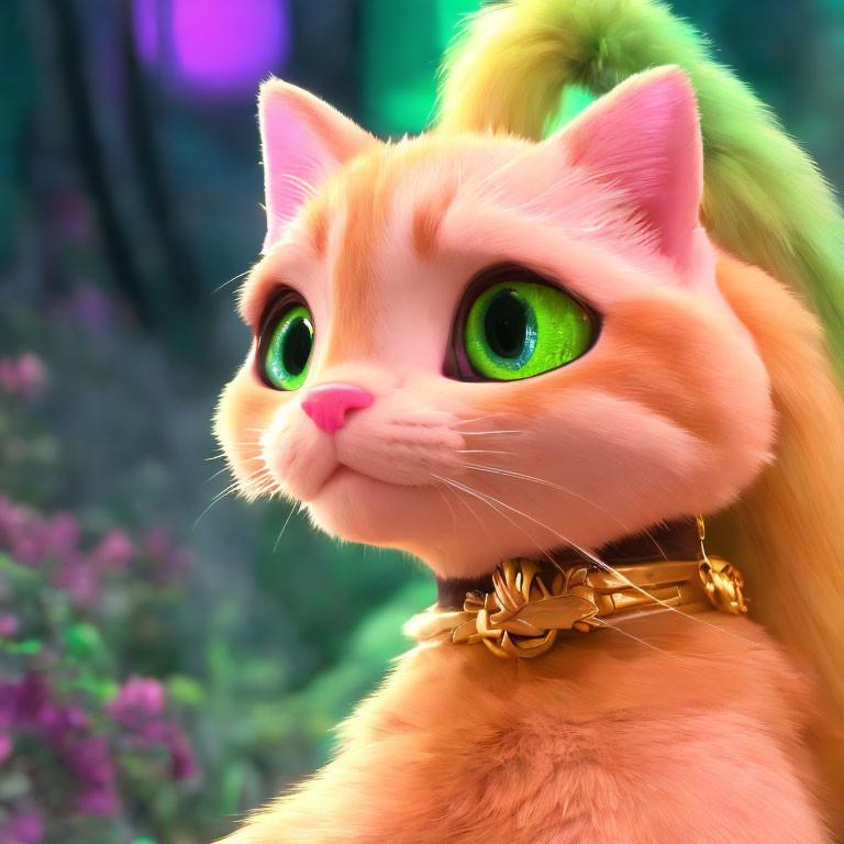 Animated Orange Cat with Green Eyes and Gold Collar in Forest Scene