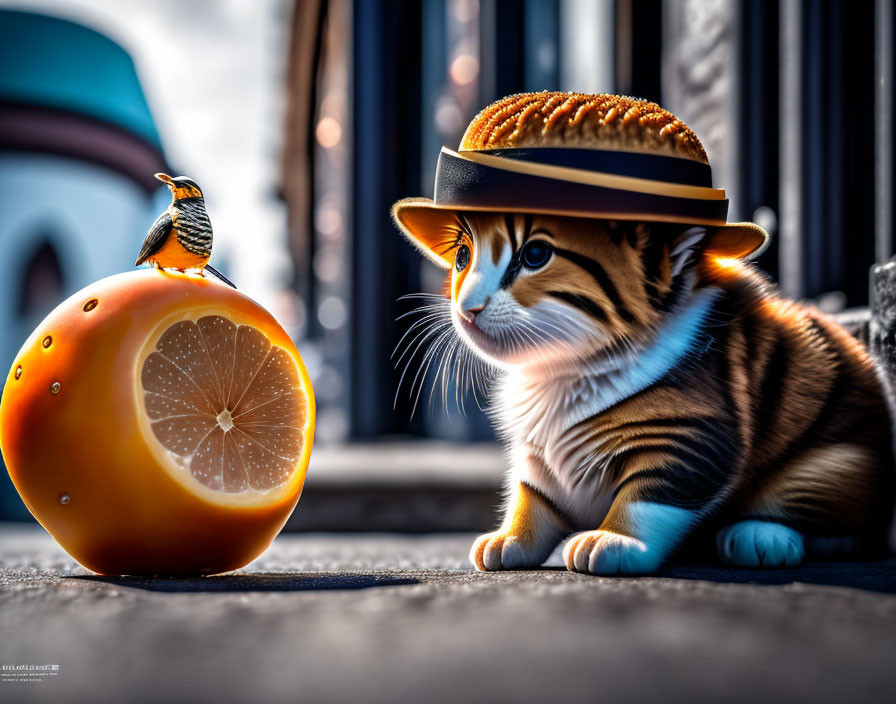 Stylish Cat in Fedora Observing Bird on Orange Globe