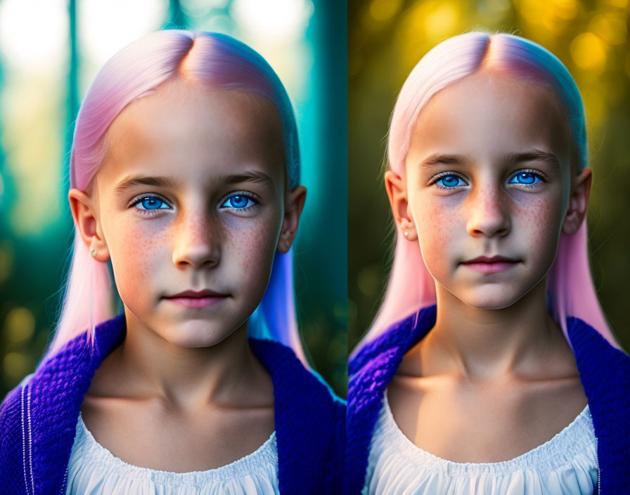 Split portrait: young girl with blue eyes and blonde hair in white top and blue cardigan against green