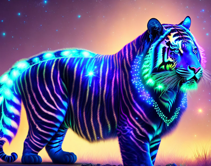 Vibrant digital art: Tiger with glowing blue and purple stripes