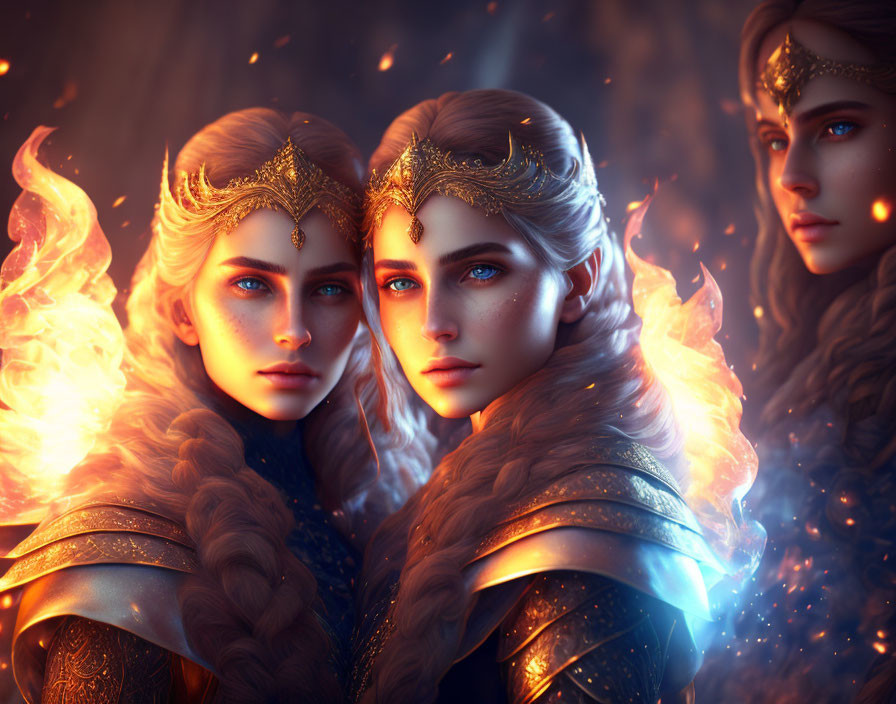 Fantasy Female Characters with Ornate Headpieces and Armor in Mystical Fiery Surroundings