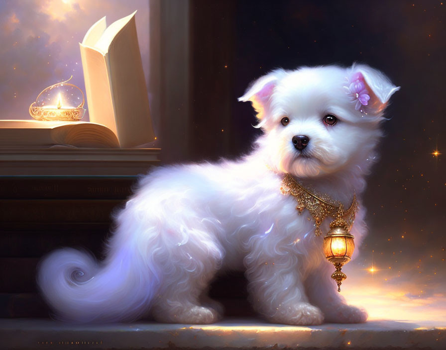 Fluffy white dog with pink flower next to open book and glowing lantern