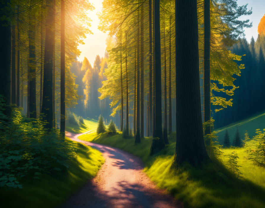 Scenic forest path with sunlight filtering through tall trees