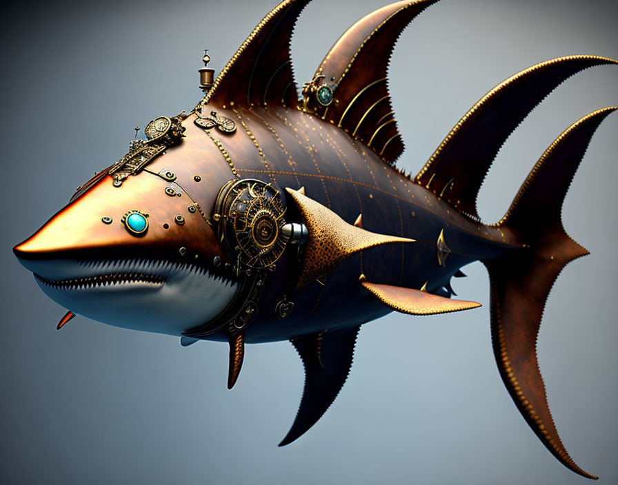 Steampunk mechanical fish with metallic body and ornate fins