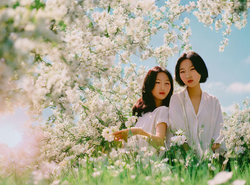 Two people in white attire among blooming trees and flowers on a sunny day