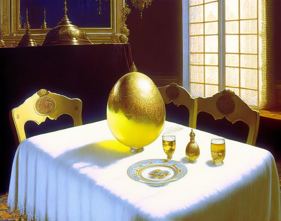 Elaborately Decorated Golden Egg on Table with Opulent Furnishings