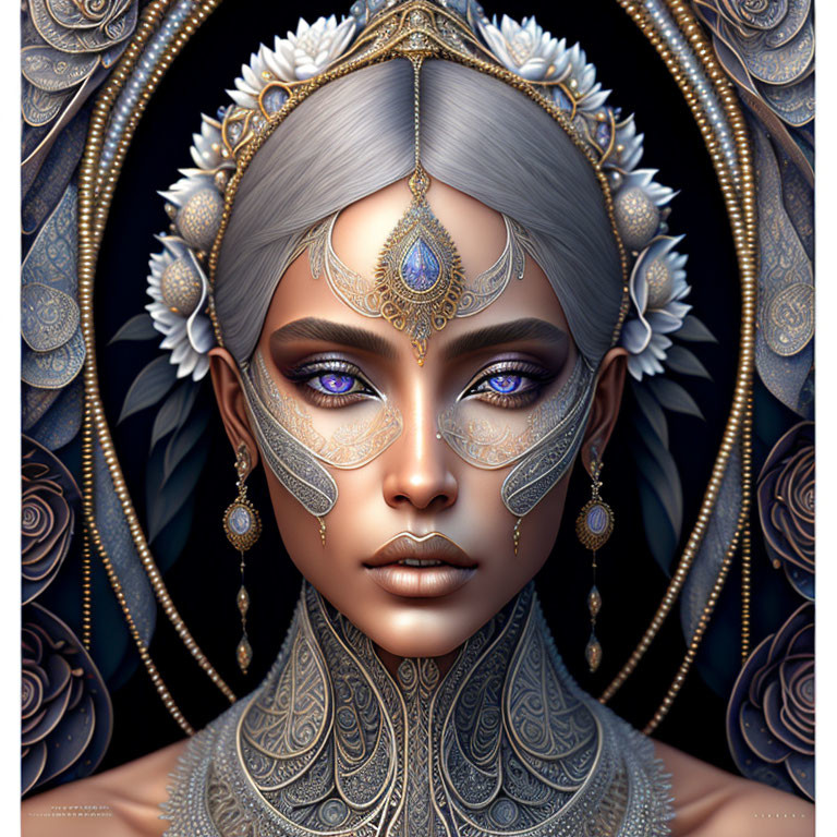 Fantasy character with silver hair and blue eyes in ornate jewelry on decorative background