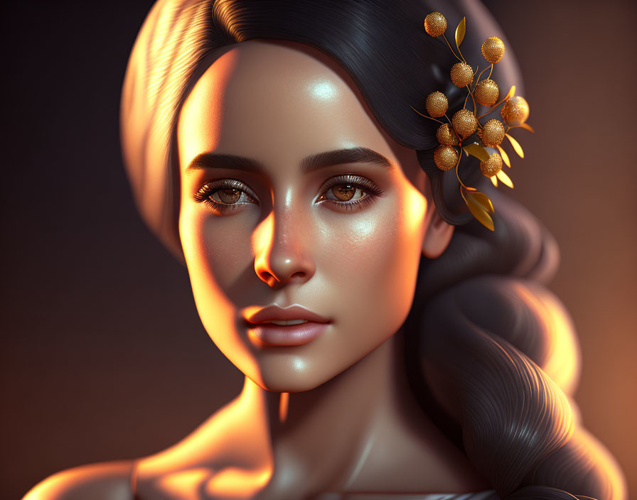 3D-rendered female with glossy lips and braid in warm lighting