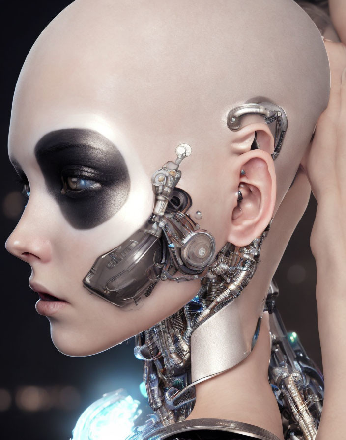 Cybernetic humanoid with bald head and mechanical parts.