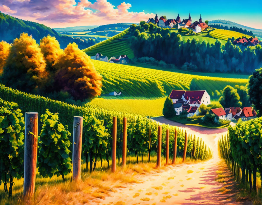 Scenic vineyard landscape with green rows, farmhouses, and village under blue sky