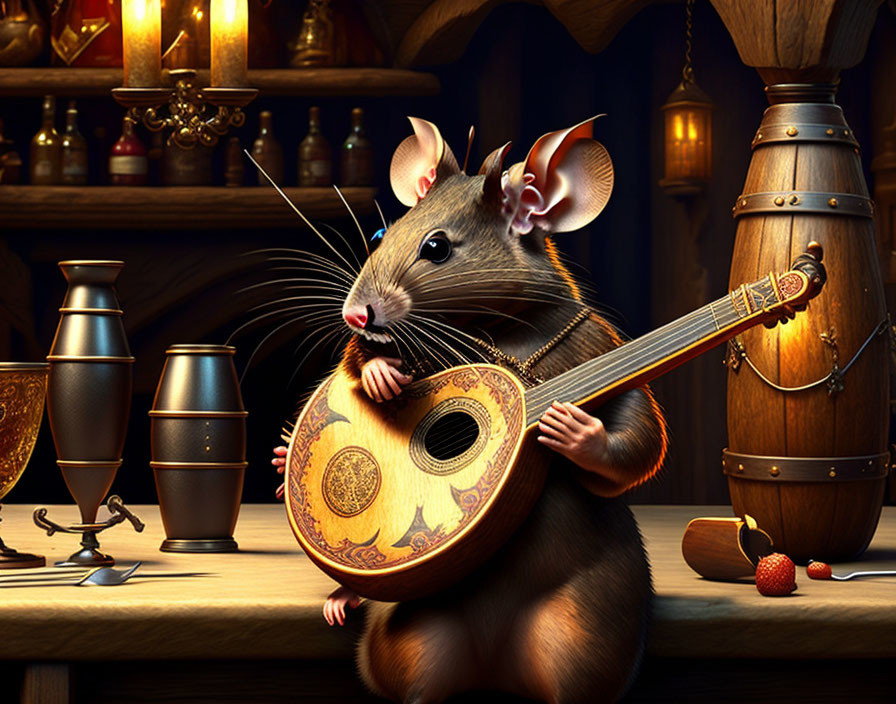 Anthropomorphic mouse playing lute in medieval tavern setting