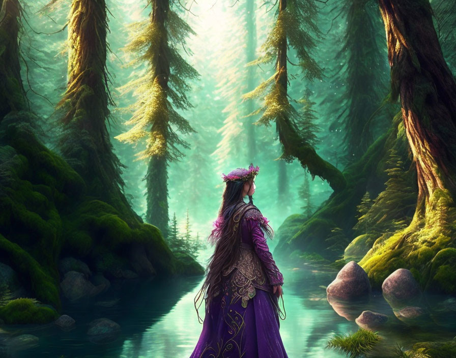 Woman in purple cloak and floral crown in misty forest with sunlight filtering through trees