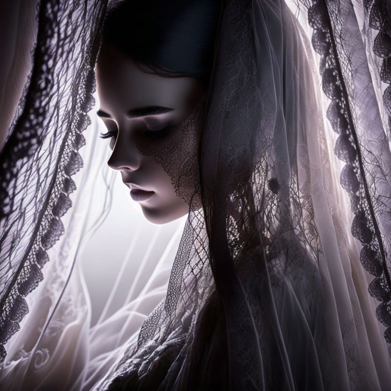 Close-Up Portrait: Woman with Somber Expression Veiled in Black Lace