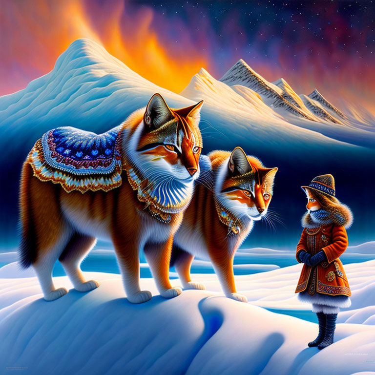 Anthropomorphic Foxes in Ornate Clothing Snowy Landscape Scene