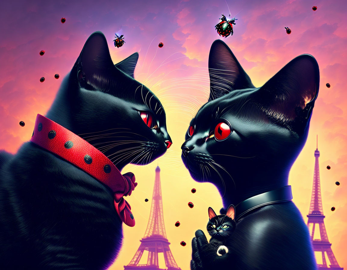 Black cats with red eyes and collars on pink sky with Eiffel Tower backdrop