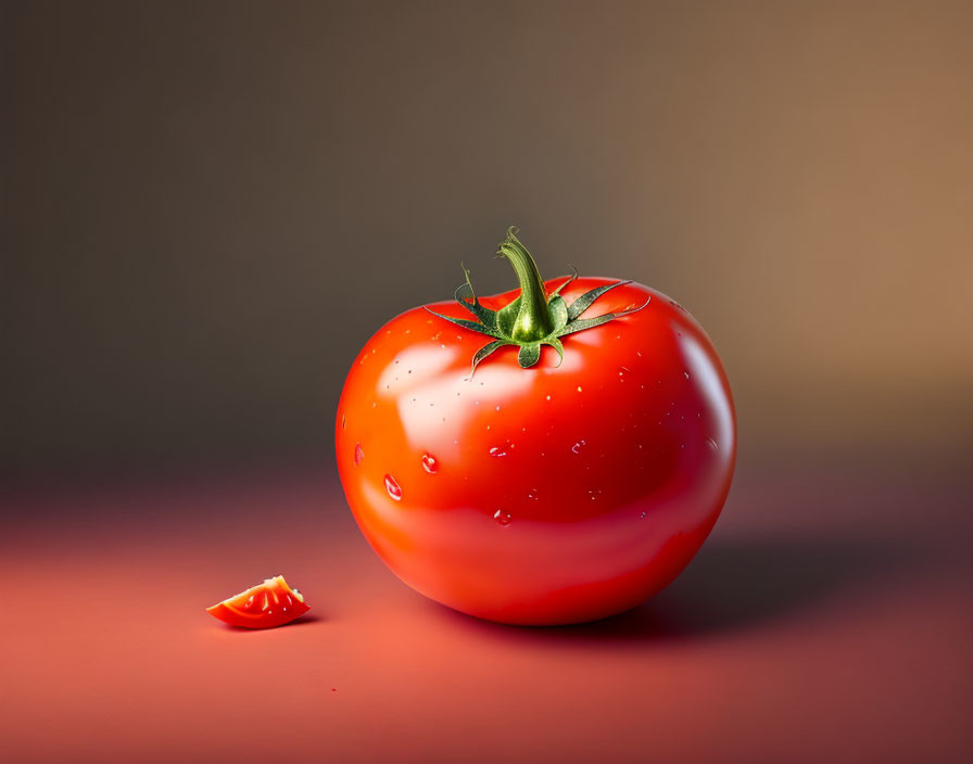 Ripe red tomato with water droplets and slice on red backdrop