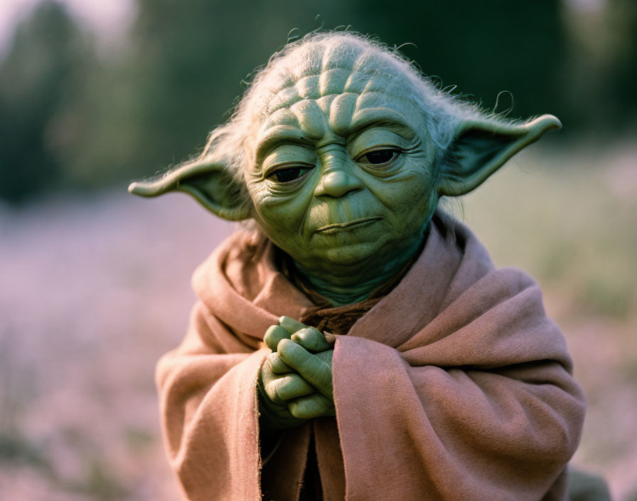 Yoda Figure Close-Up in Brown Robe Against Natural Background