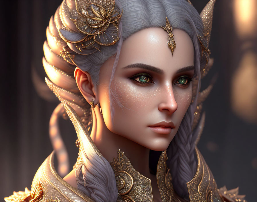 Fantasy Character with Silver Hair, Green Eyes, Golden Headpiece