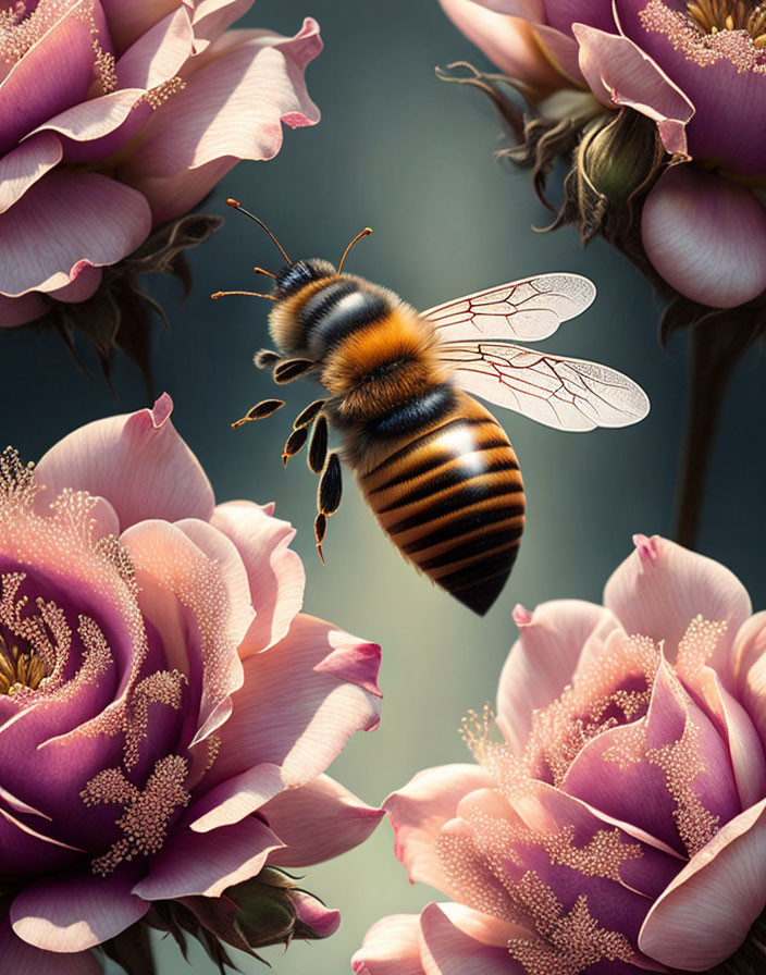 Bee flying amidst pink blooming flowers with detailed petals.