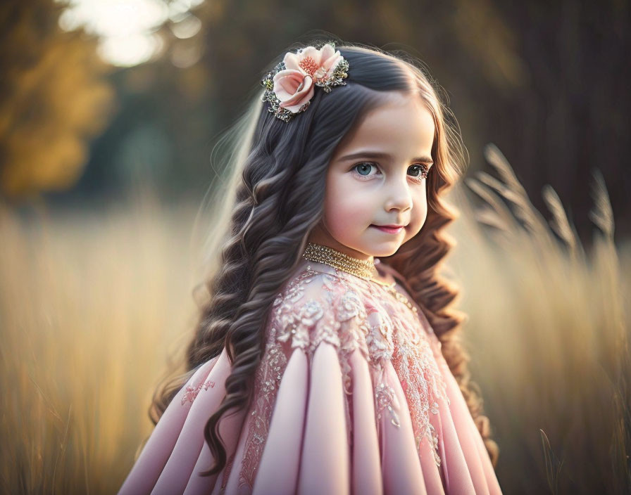 Young girl with curly hair in floral headpiece, pink dress, gazing in golden-lit field