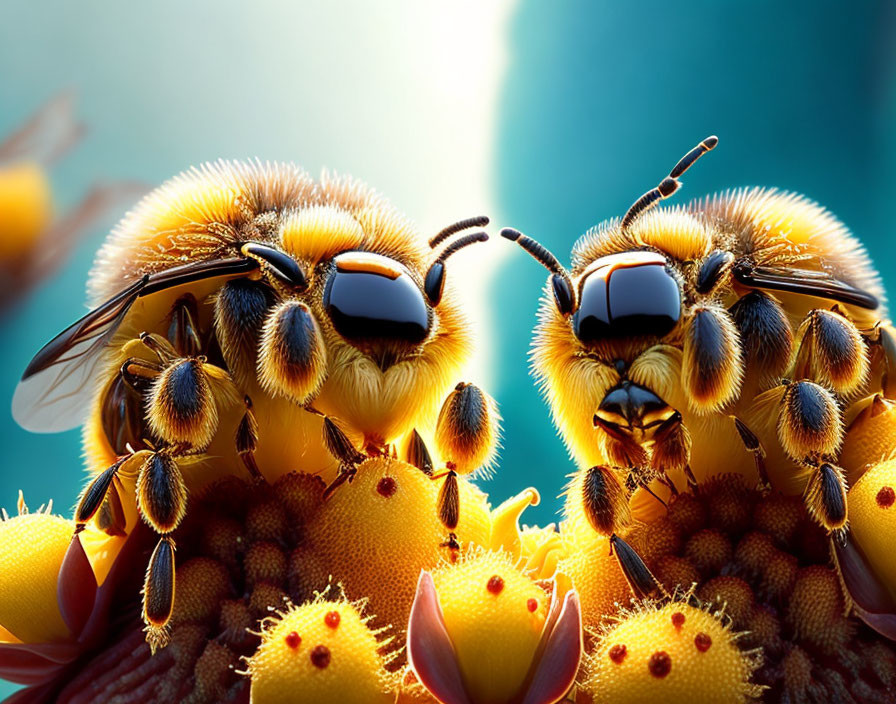 Detailed Close-Up of Bees on Flowers in Soft Focus