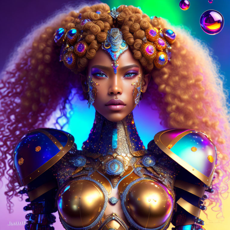 Fantasy armor-clad woman in digital art against violet backdrop