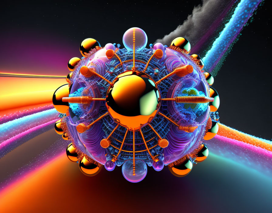 Colorful Abstract 3D Fractal Sphere with Glowing Orbs and Cosmic Background