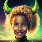 Child with fantasy elements: Luminous eyes, horned headgear, starry backdrop