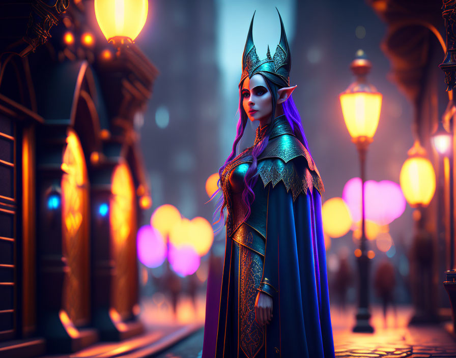 Elven character in fantasy attire in vibrant cityscape at night