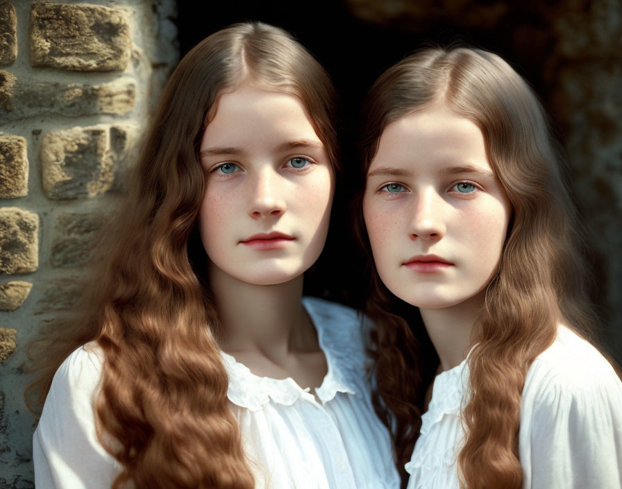 Two girls with blue eyes and wavy brown hair in white dresses by a brick wall