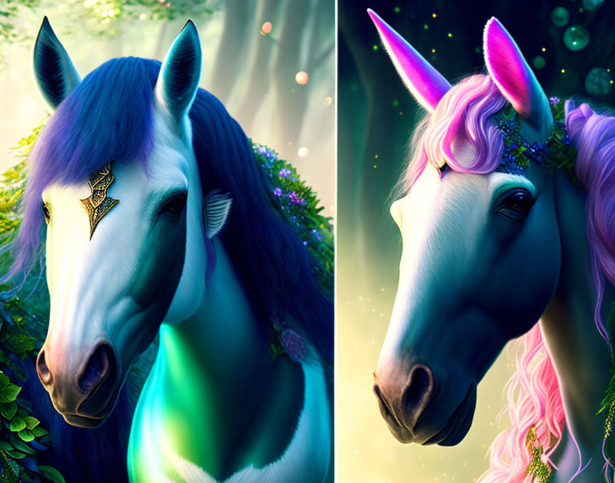 Magical horses with colorful manes in enchanted forest scene