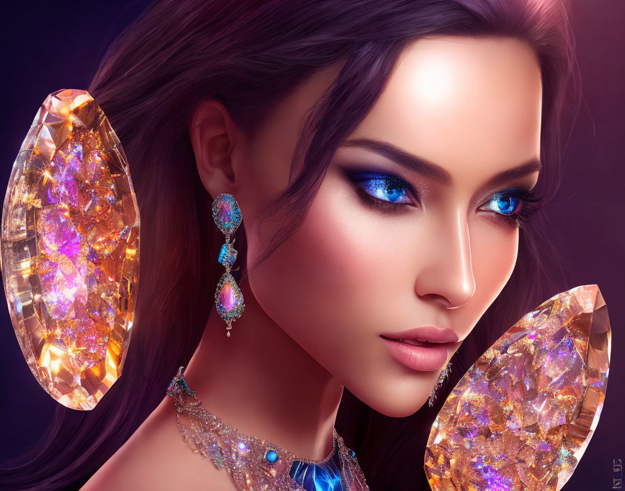 Digital portrait of woman with luminous blue eyes and elegant jewelry surrounded by sparkling gemstones