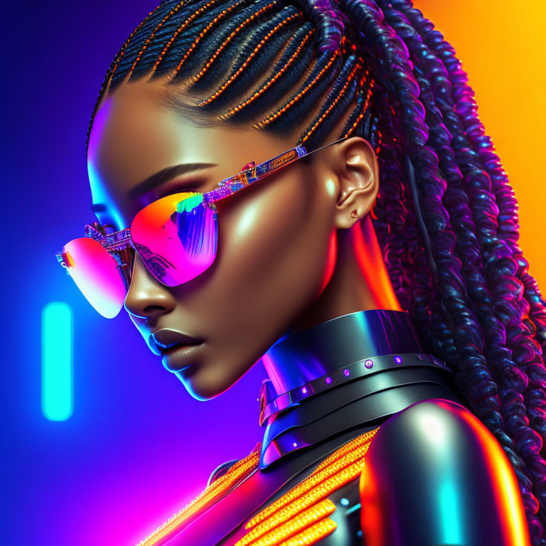 Digital artwork: Woman with braided hair and futuristic sunglasses in neon-lit setting