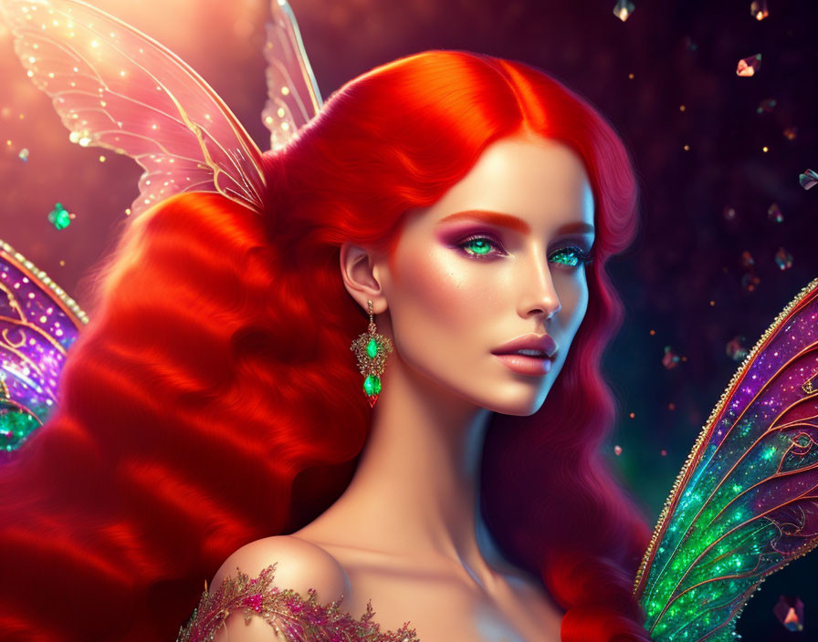 Digital Artwork: Woman with Red Hair, Green Eyes, Fairy Wings, Sparkling Earrings