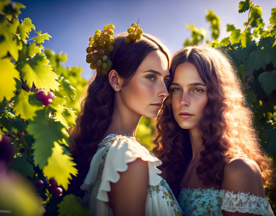 Two women in grapevines, one with grape crown, under dreamy sunlight