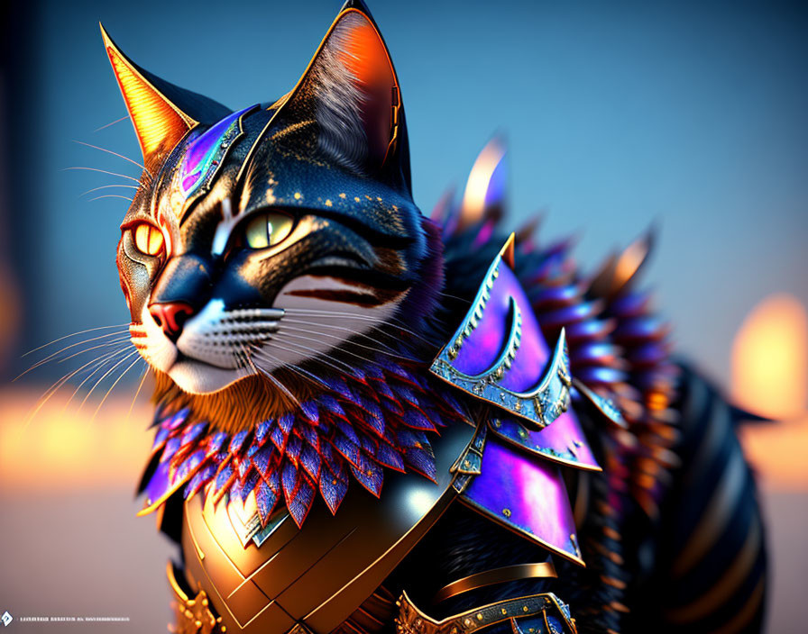 Colorful Stylized Armored Cat Art with Intricate Patterns